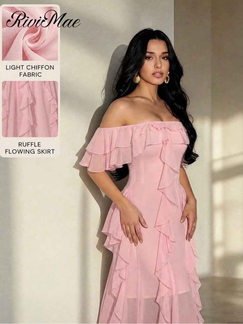 Pink Off-Shoulder A-Line Midi Ruffle Dress L - Picture 3 of 4